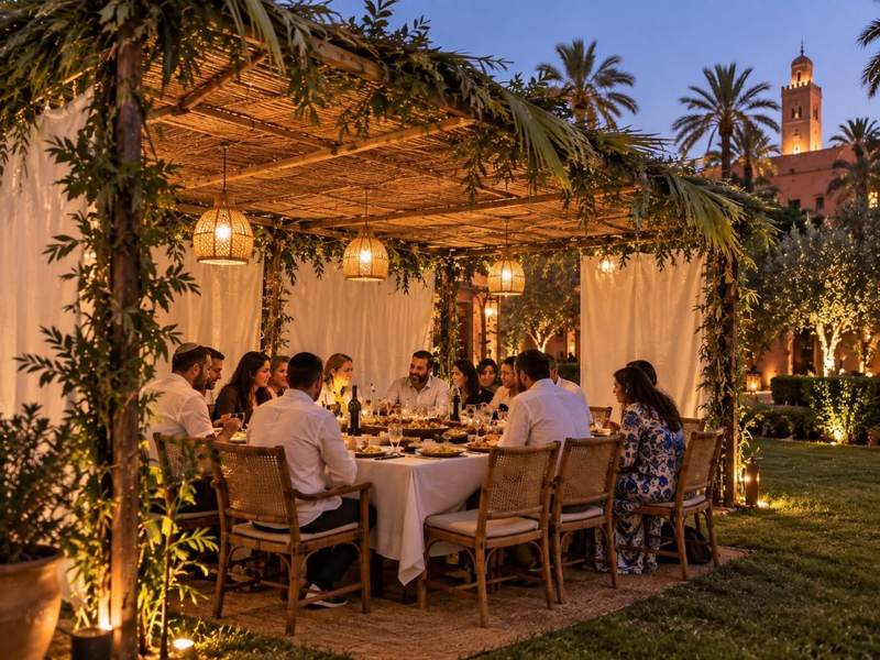 Table set under the sukkah in a villa in Marrakech